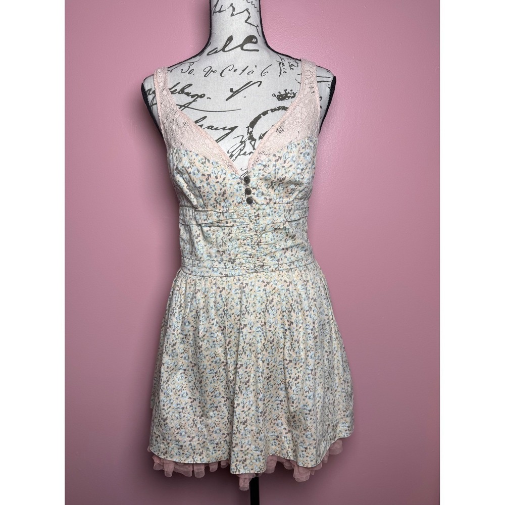 Free People Floral Mini Dress Womens Small Peach Blue Lace Tulle Good Smocked